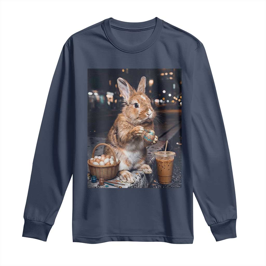 Easter Bunny Iced Coffee Long Sleeve Shirt Funny Rabbit Egg Painting TS14 Navy Print Your Wear