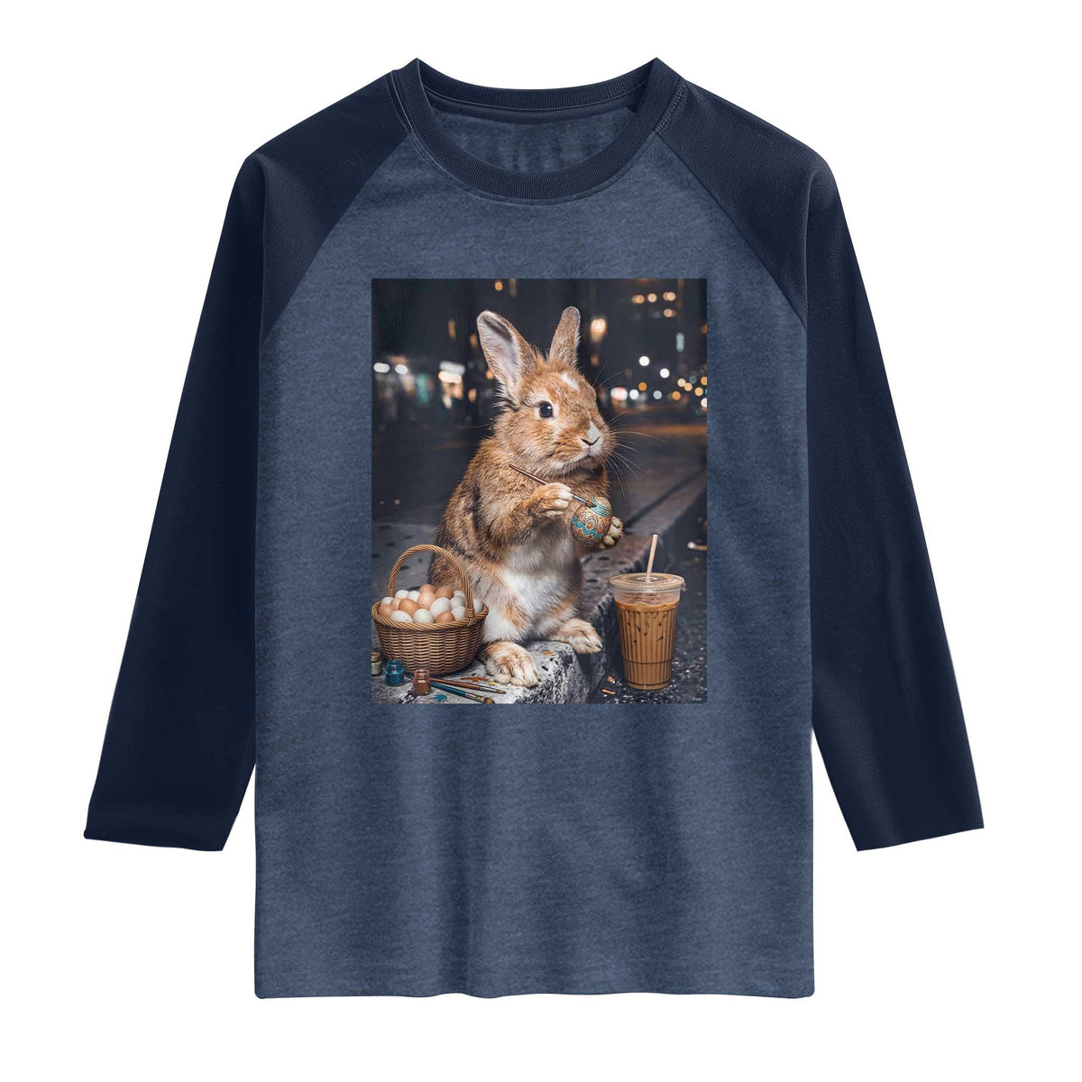 Easter Bunny Iced Coffee Raglan Shirt Funny Rabbit Egg Painting TS14 Heather Denim Navy Print Your Wear