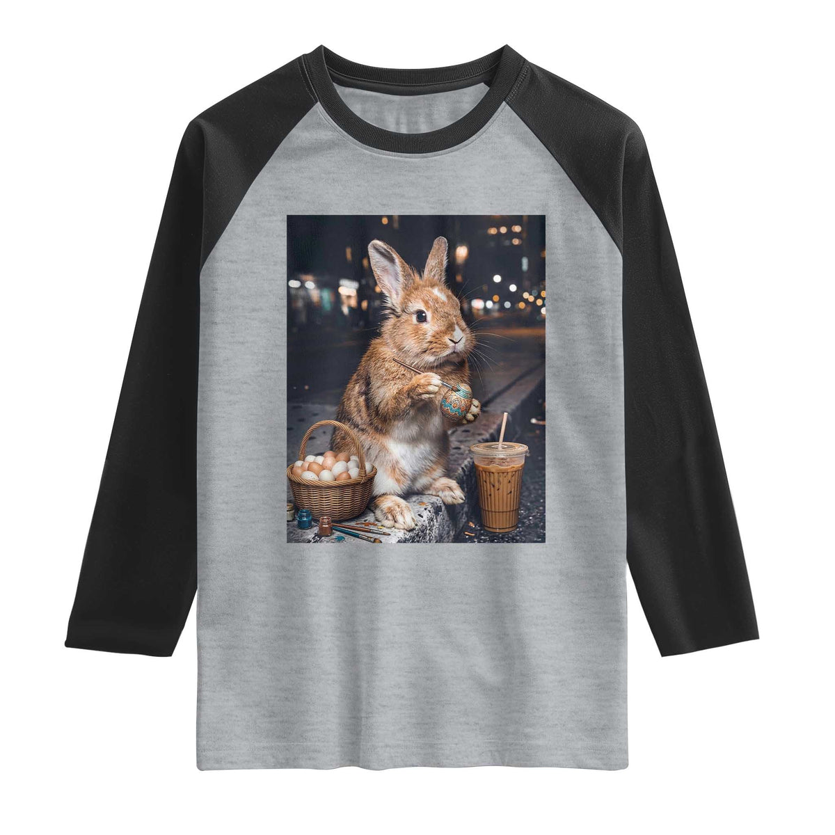 Easter Bunny Iced Coffee Raglan Shirt Funny Rabbit Egg Painting TS14 Heather Gray Black Print Your Wear