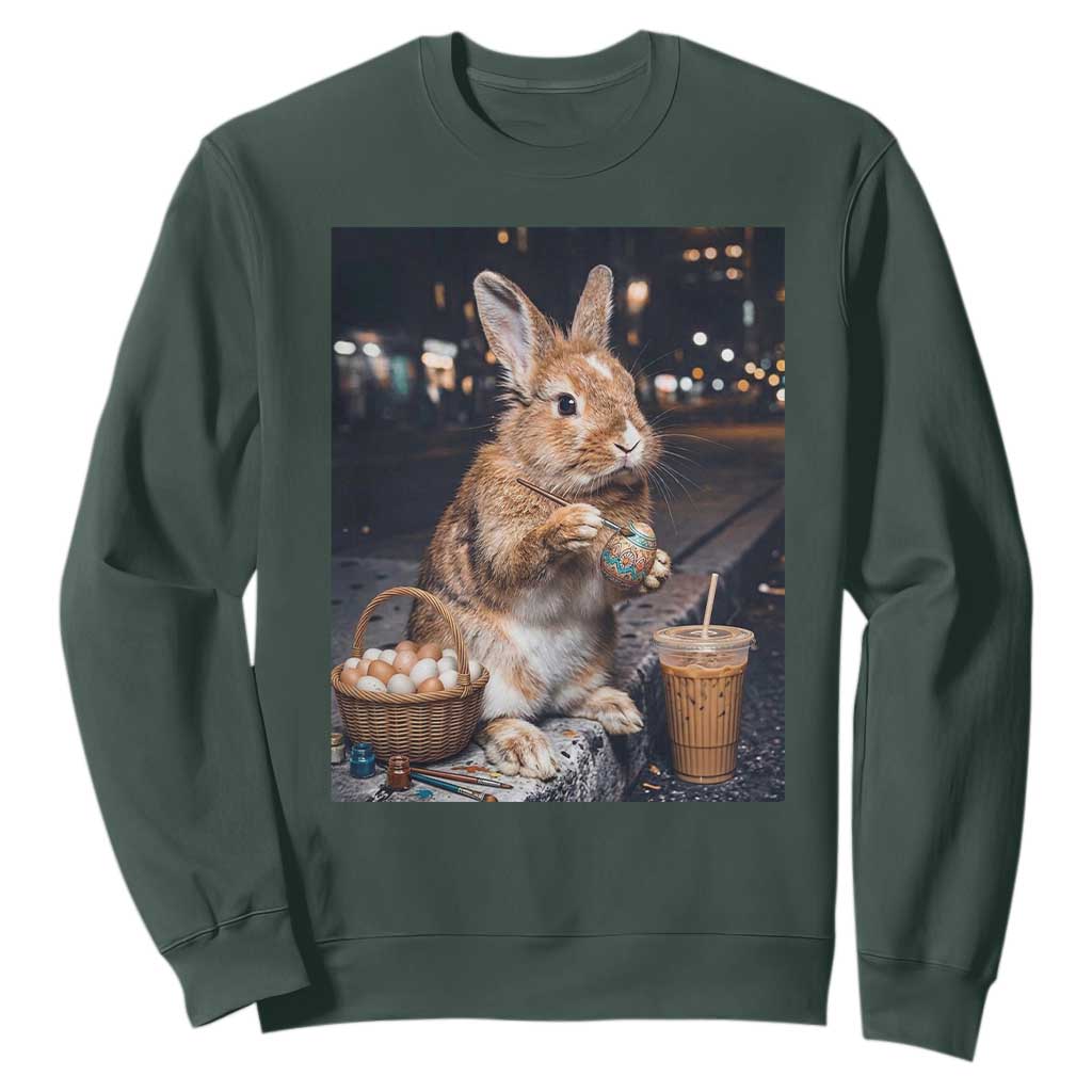 Easter Bunny Iced Coffee Sweatshirt Funny Rabbit Egg Painting TS14 Dark Forest Green Print Your Wear