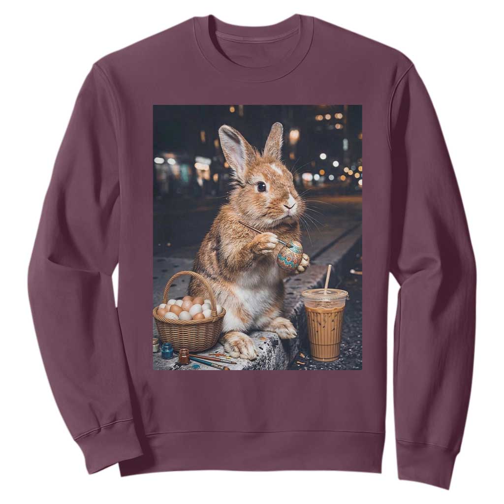 Easter Bunny Iced Coffee Sweatshirt Funny Rabbit Egg Painting TS14 Maroon Print Your Wear