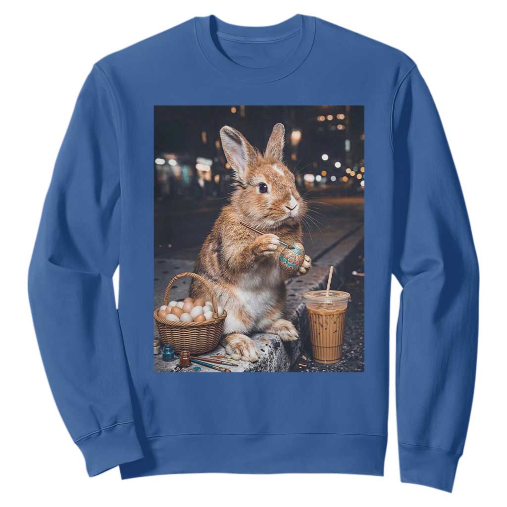 Easter Bunny Iced Coffee Sweatshirt Funny Rabbit Egg Painting TS14 Royal Blue Print Your Wear