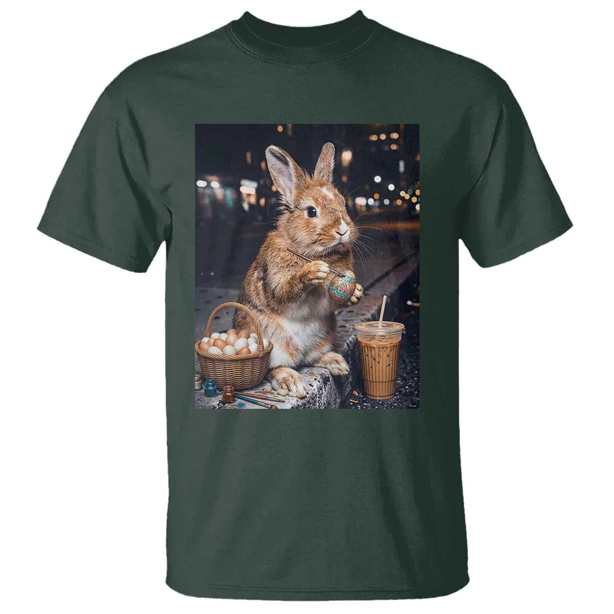 Easter Bunny Iced Coffee T Shirt Funny Rabbit Egg Painting TS14 Dark Forest Green Print Your Wear