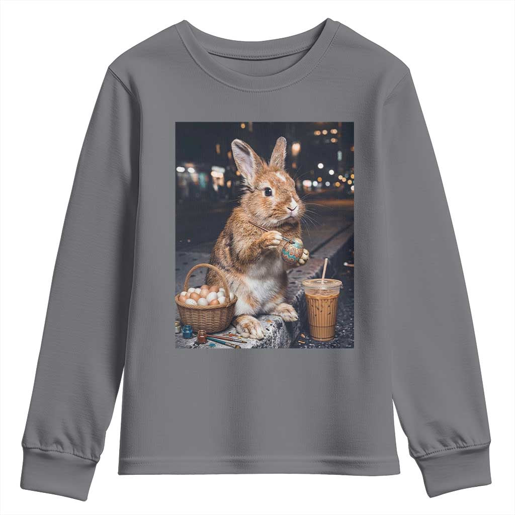 Easter Bunny Iced Coffee Youth Sweatshirt Funny Rabbit Egg Painting TS14 Charcoal Print Your Wear