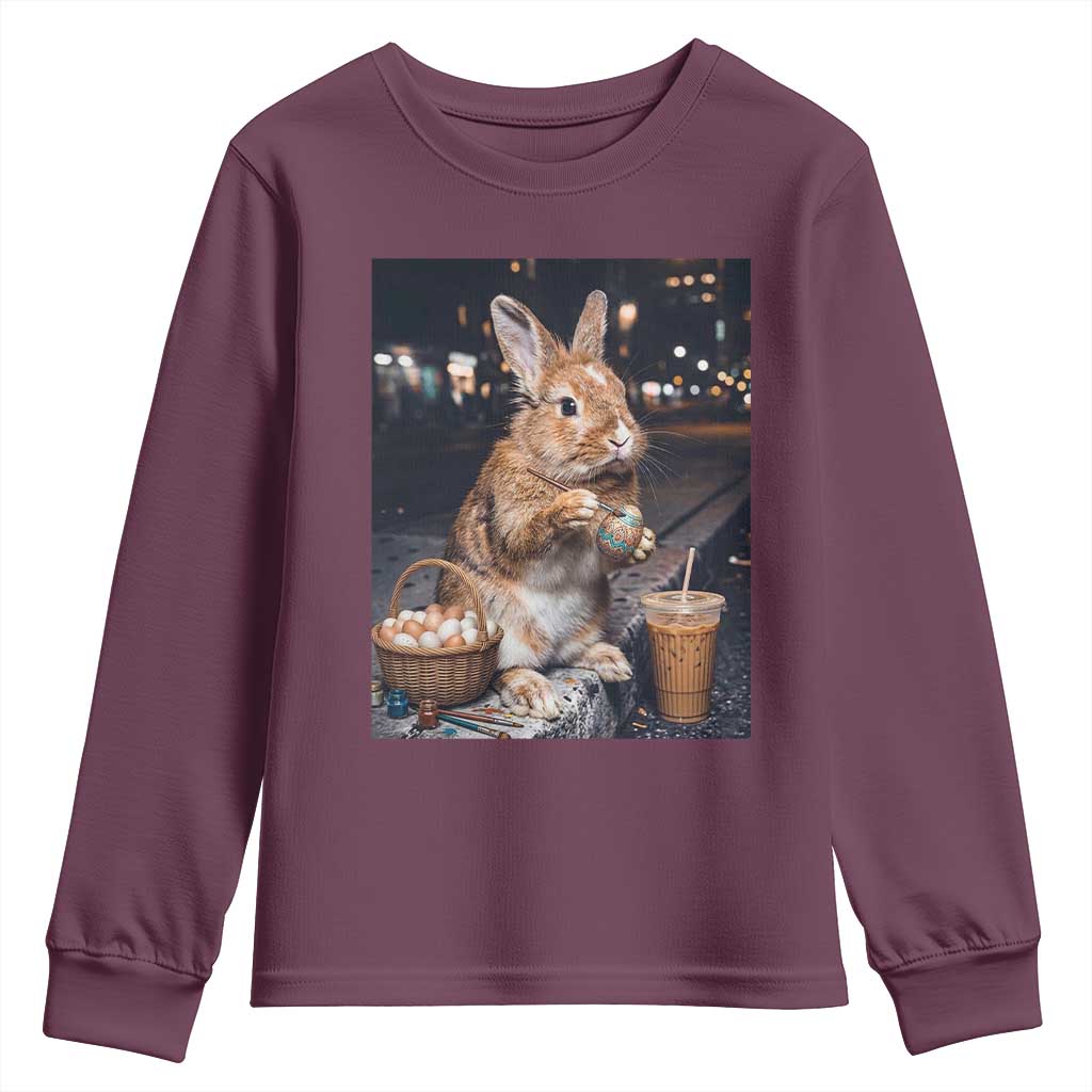 Easter Bunny Iced Coffee Youth Sweatshirt Funny Rabbit Egg Painting TS14 Maroon Print Your Wear