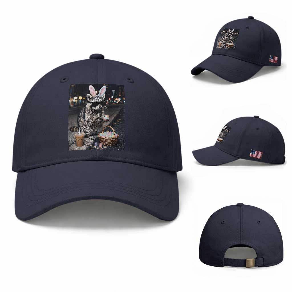 Easter Raccoon Iced Coffee Baseball Cap Funny Trash Panda Egg Painting TS14 Baseball Cap Universal Fit Navy Print Your Wear