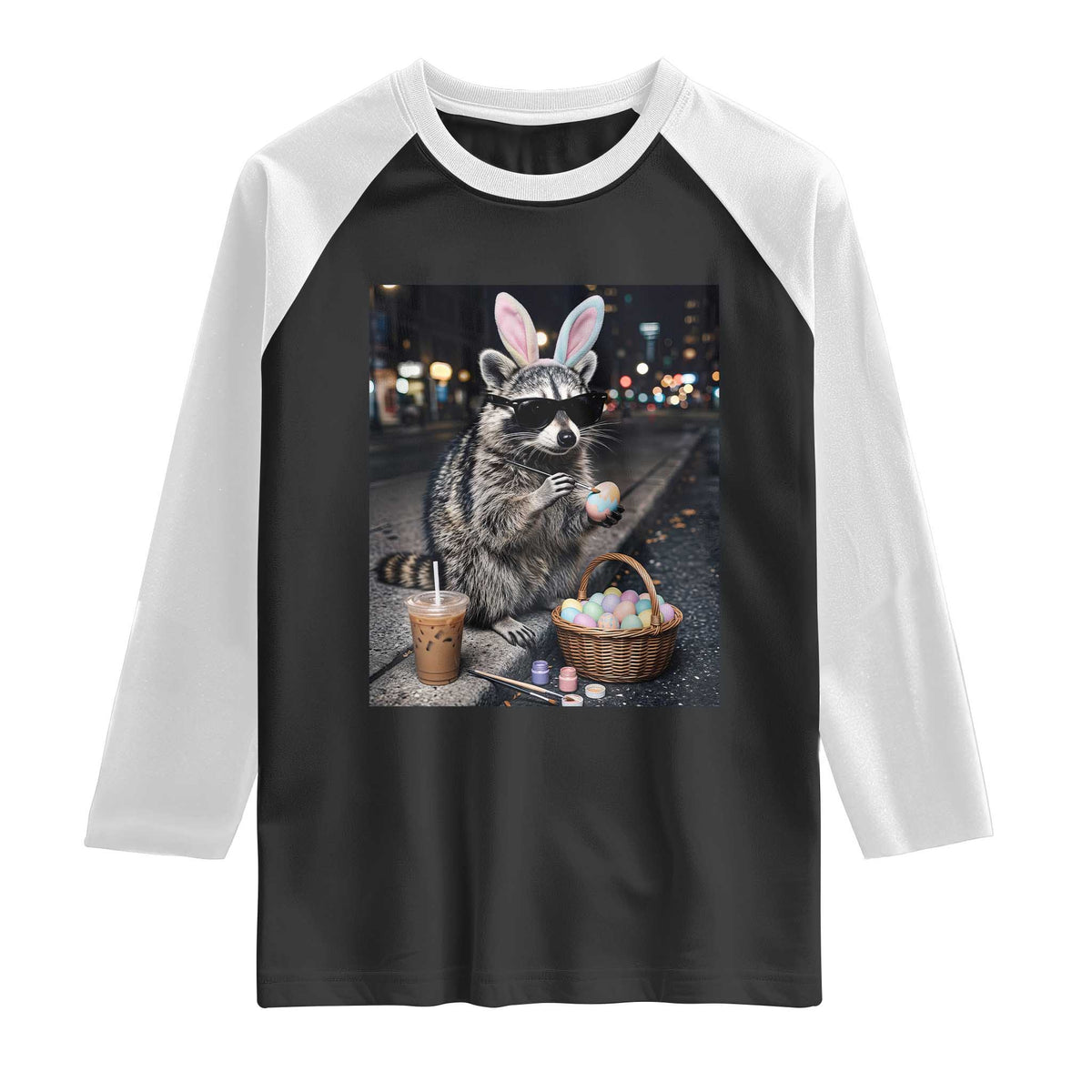 Easter Raccoon Iced Coffee Raglan Shirt Funny Trash Panda Egg Painting TS14 Black White Print Your Wear