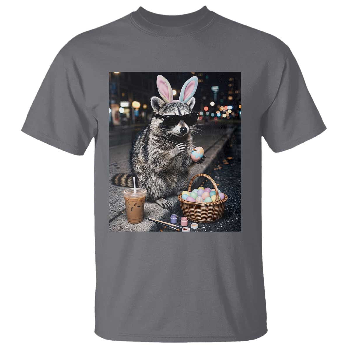 Easter Raccoon Iced Coffee T Shirt Funny Trash Panda Egg Painting TS14 Charcoal Print Your Wear