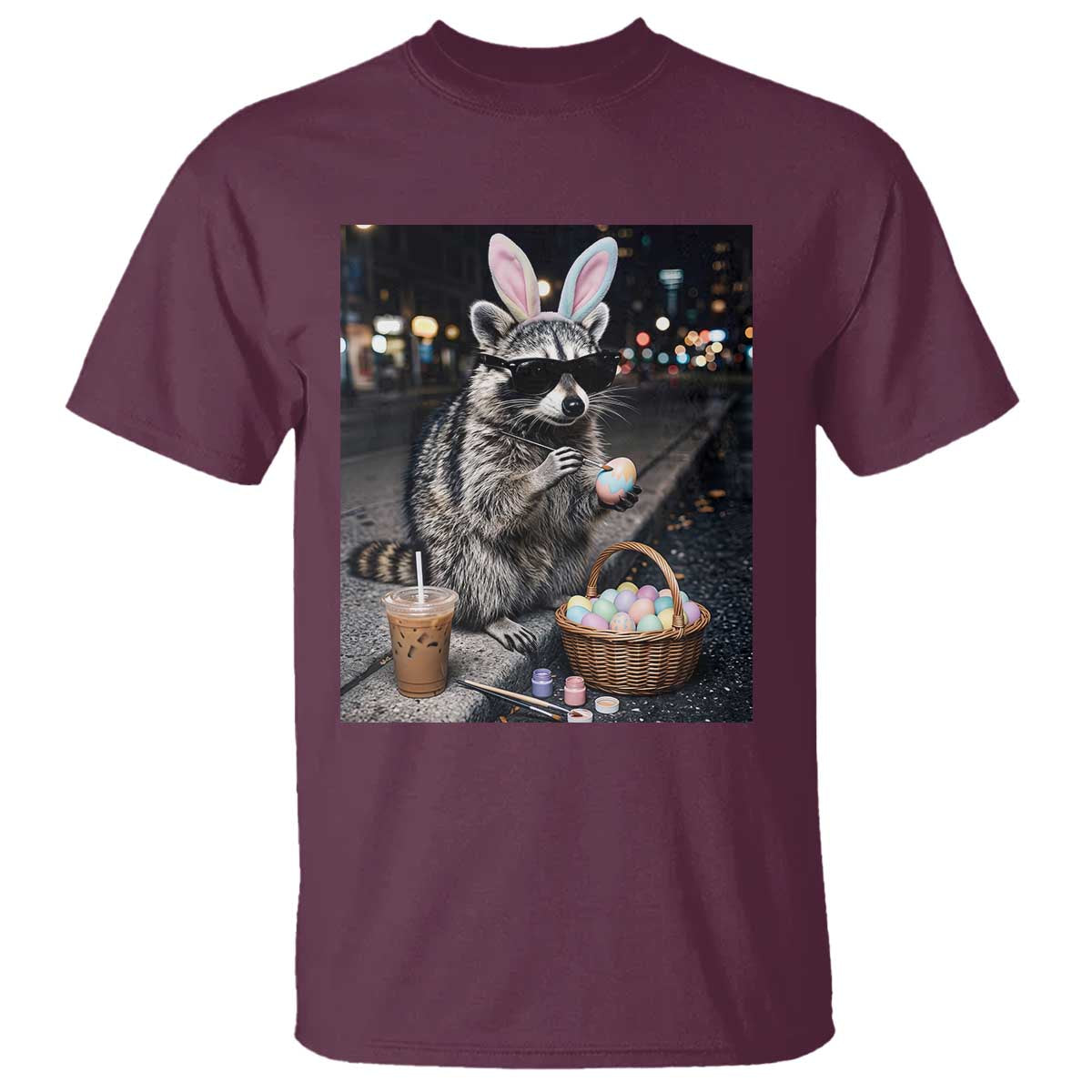 Easter Raccoon Iced Coffee T Shirt Funny Trash Panda Egg Painting TS14 Maroon Print Your Wear