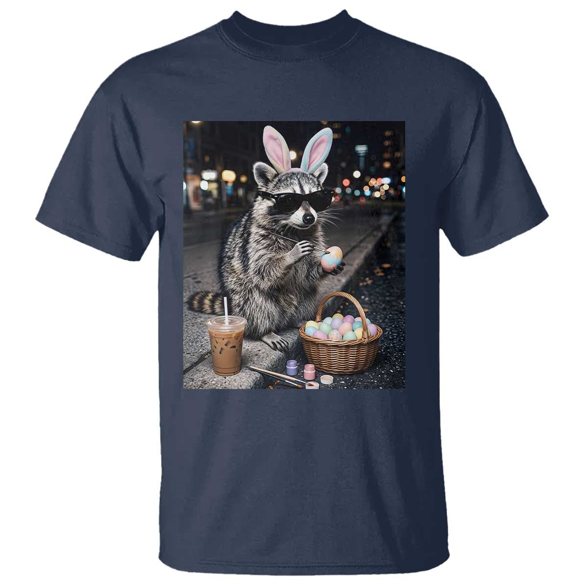 Easter Raccoon Iced Coffee T Shirt Funny Trash Panda Egg Painting TS14 Navy Print Your Wear