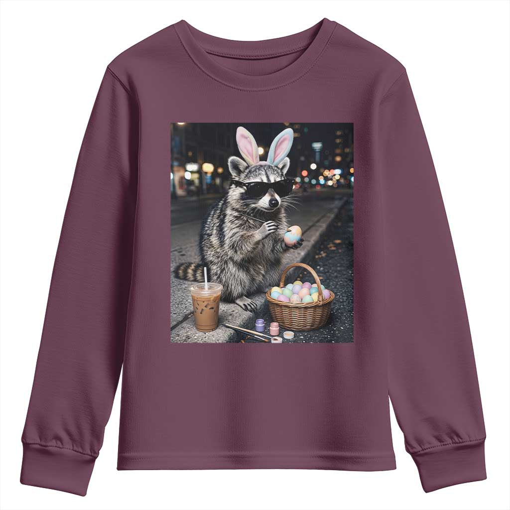 Easter Raccoon Iced Coffee Youth Sweatshirt Funny Trash Panda Egg Painting TS14 Maroon Print Your Wear