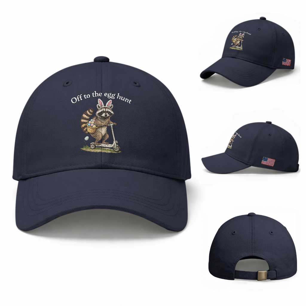 Off To The Egg Hunt Baseball Cap Funny Easter Raccoon TS14 Baseball Cap Universal Fit Navy Print Your Wear
