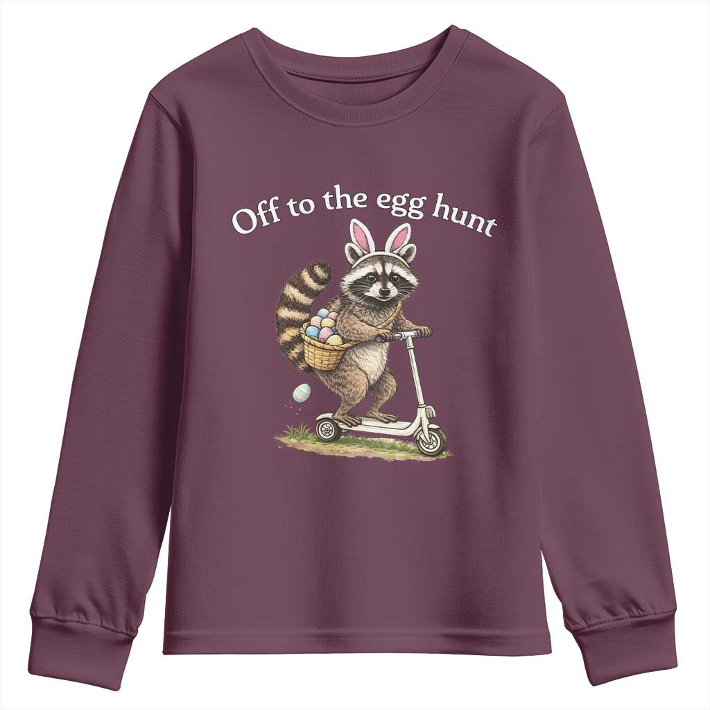 Off To The Egg Hunt Youth Sweatshirt Funny Easter Raccoon TS14 Maroon Print Your Wear