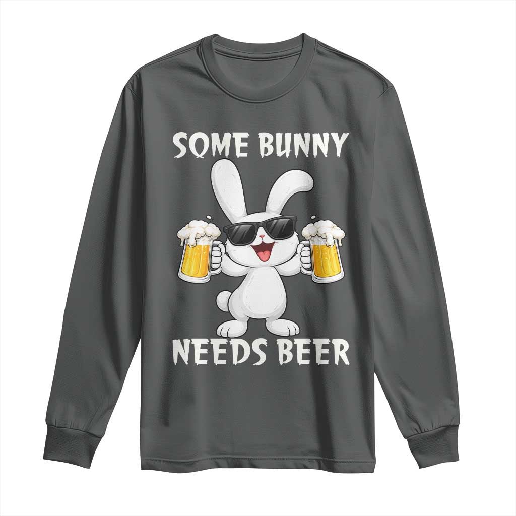 Funny Easter Bunny Drinking Beer Long Sleeve Shirt Some Bunny Needs Beer TS14 Dark Heather Print Your Wear