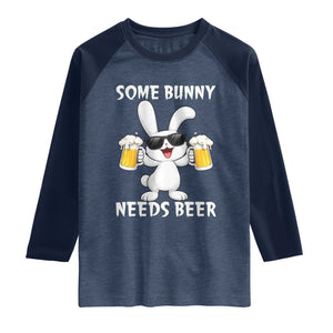 Funny Easter Bunny Drinking Beer Raglan Shirt Some Bunny Needs Beer TS14 Heather Denim Navy Print Your Wear