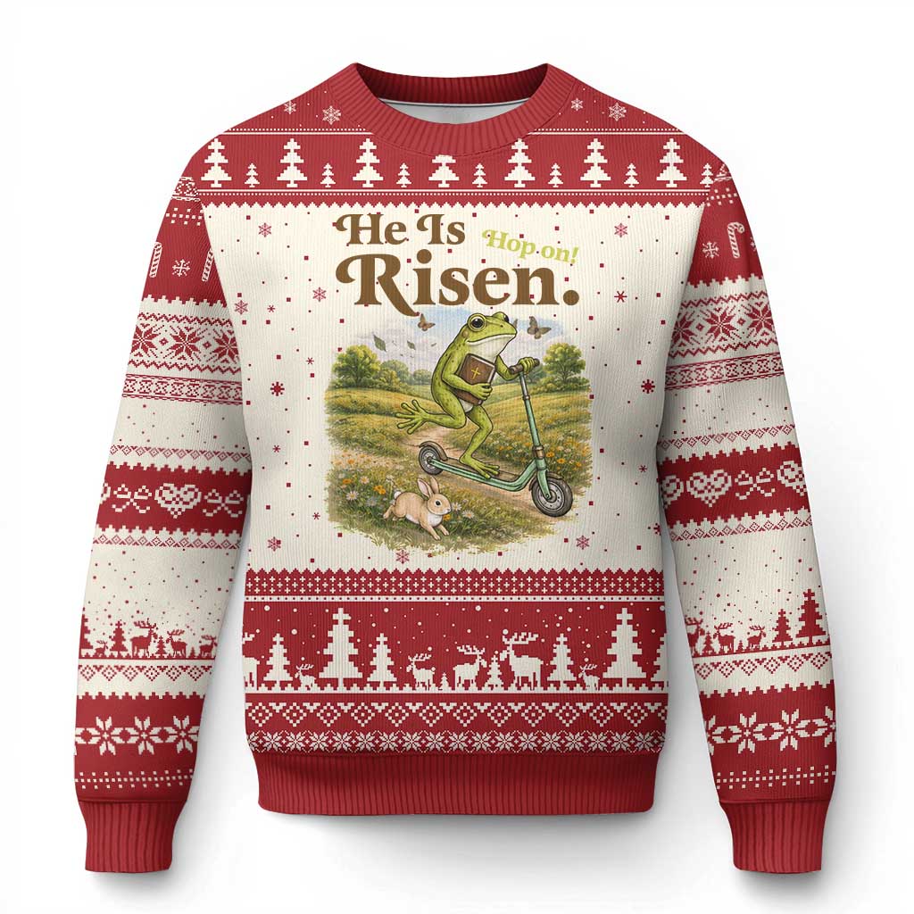 He Is Risen Hop On Ugly Christmas Sweater Christian Easter Frog TS14 Beige Red Print Your Wear