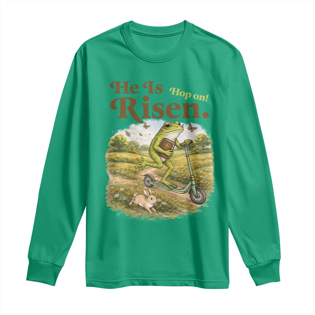 He Is Risen Hop On Long Sleeve Shirt Christian Easter Frog TS14 Irish Green Print Your Wear