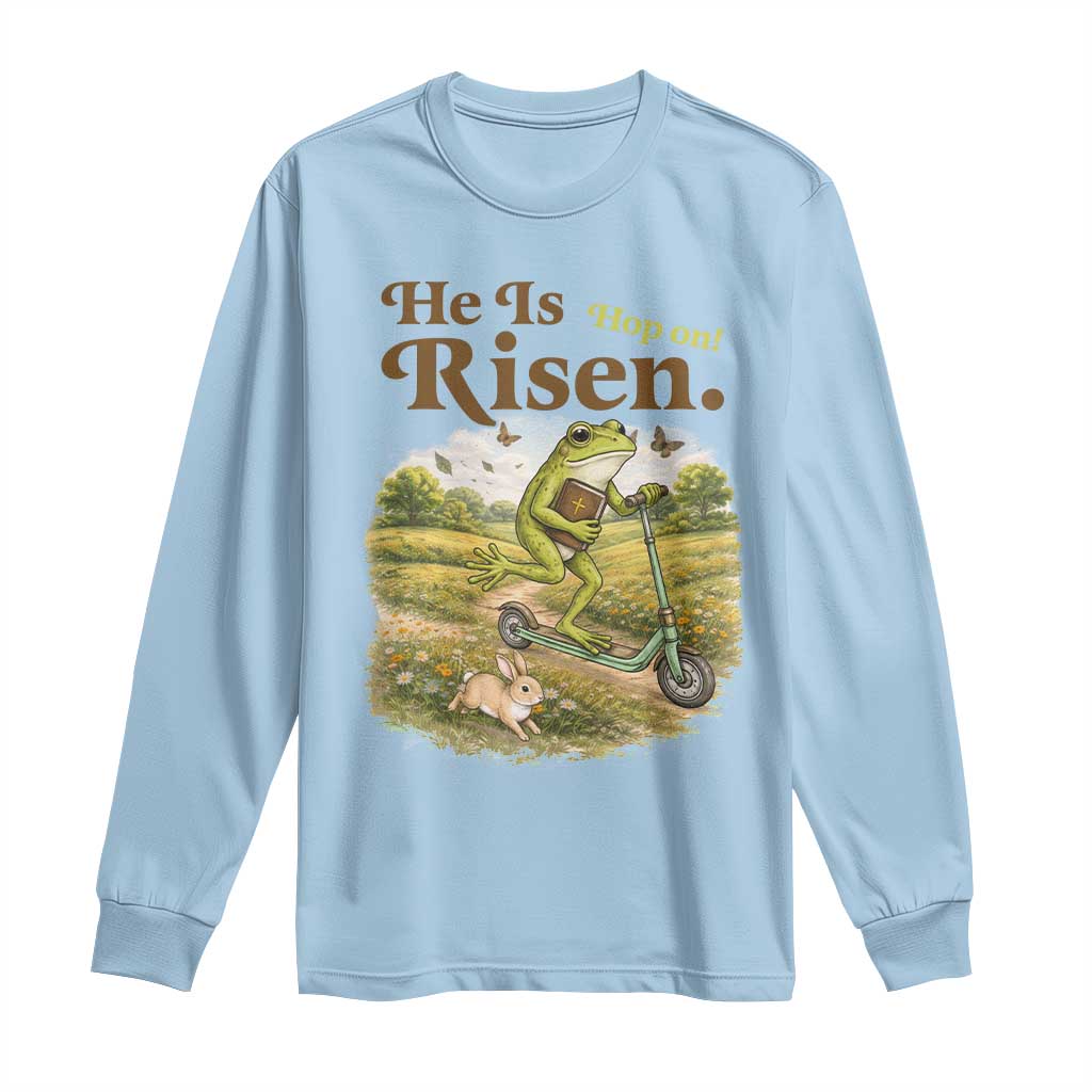 He Is Risen Hop On Long Sleeve Shirt Christian Easter Frog TS14 Light Blue Print Your Wear