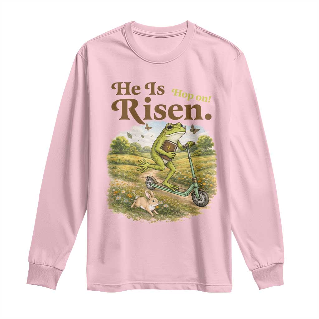 He Is Risen Hop On Long Sleeve Shirt Christian Easter Frog TS14 Light Pink Print Your Wear