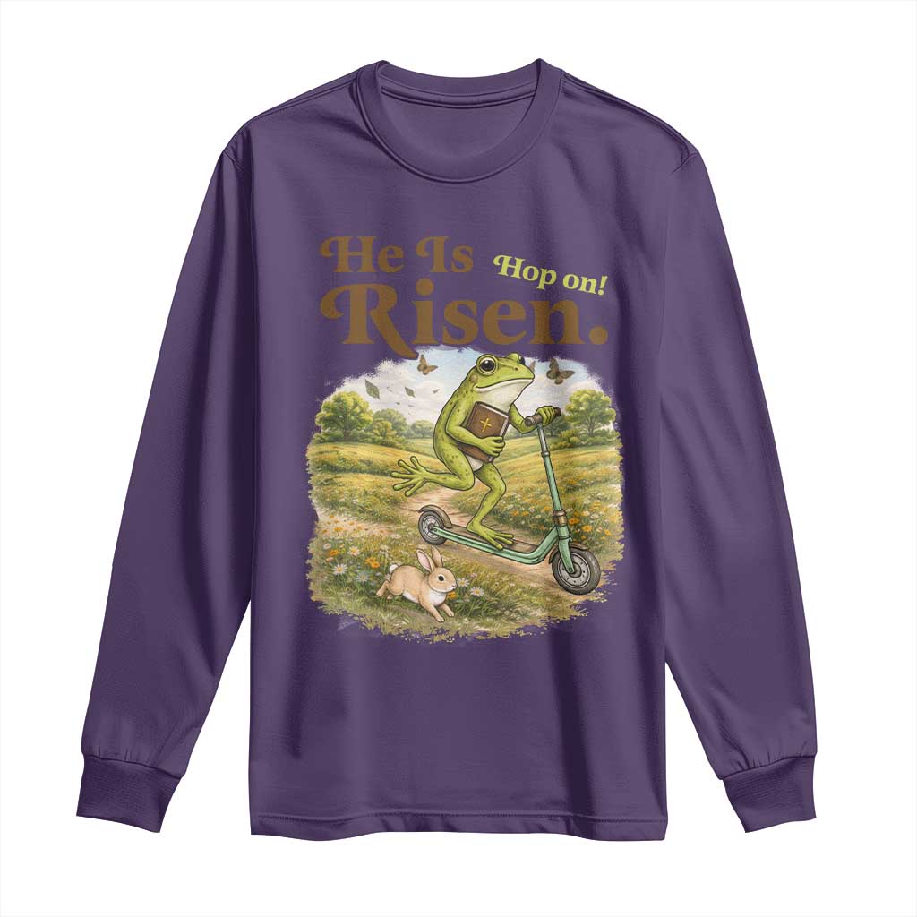 He Is Risen Hop On Long Sleeve Shirt Christian Easter Frog TS14 Purple Print Your Wear