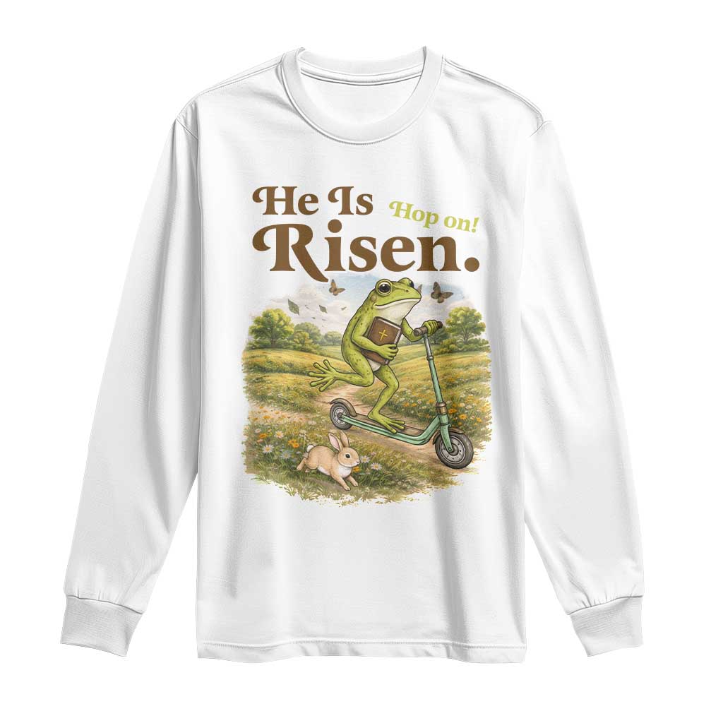 He Is Risen Hop On Long Sleeve Shirt Christian Easter Frog TS14 White Print Your Wear