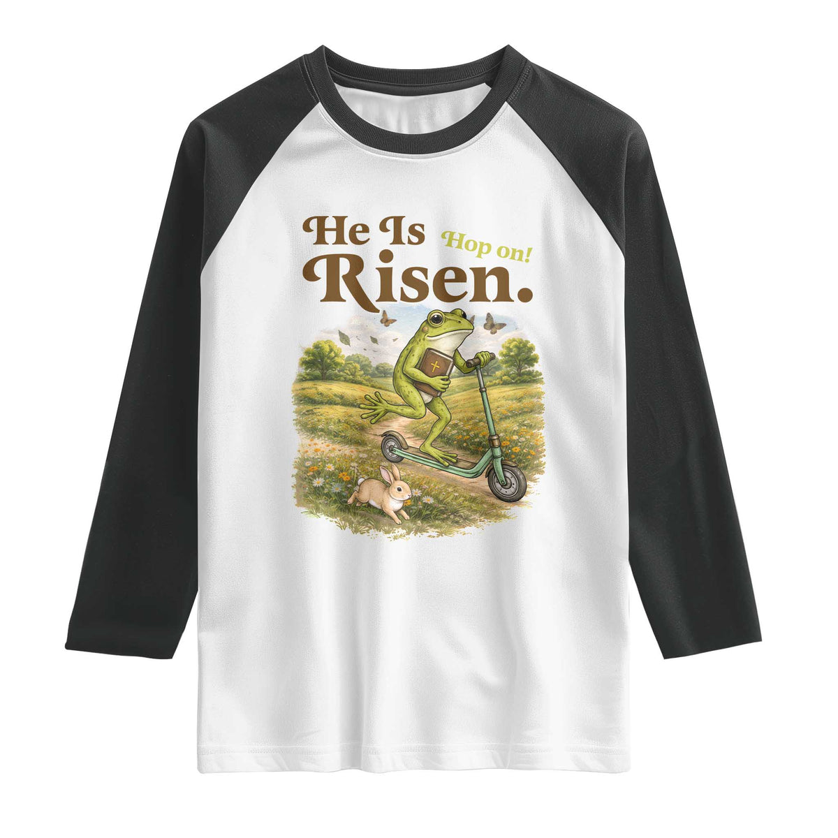 He Is Risen Hop On Raglan Shirt Christian Easter Frog TS14 White Black Print Your Wear
