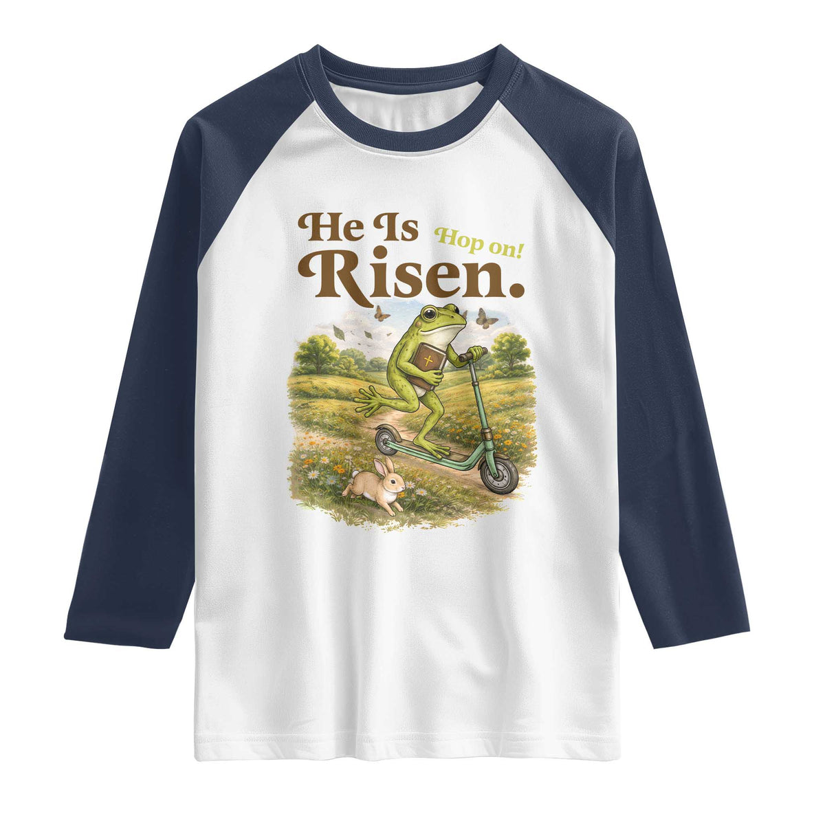 He Is Risen Hop On Raglan Shirt Christian Easter Frog TS14 White Navy Print Your Wear