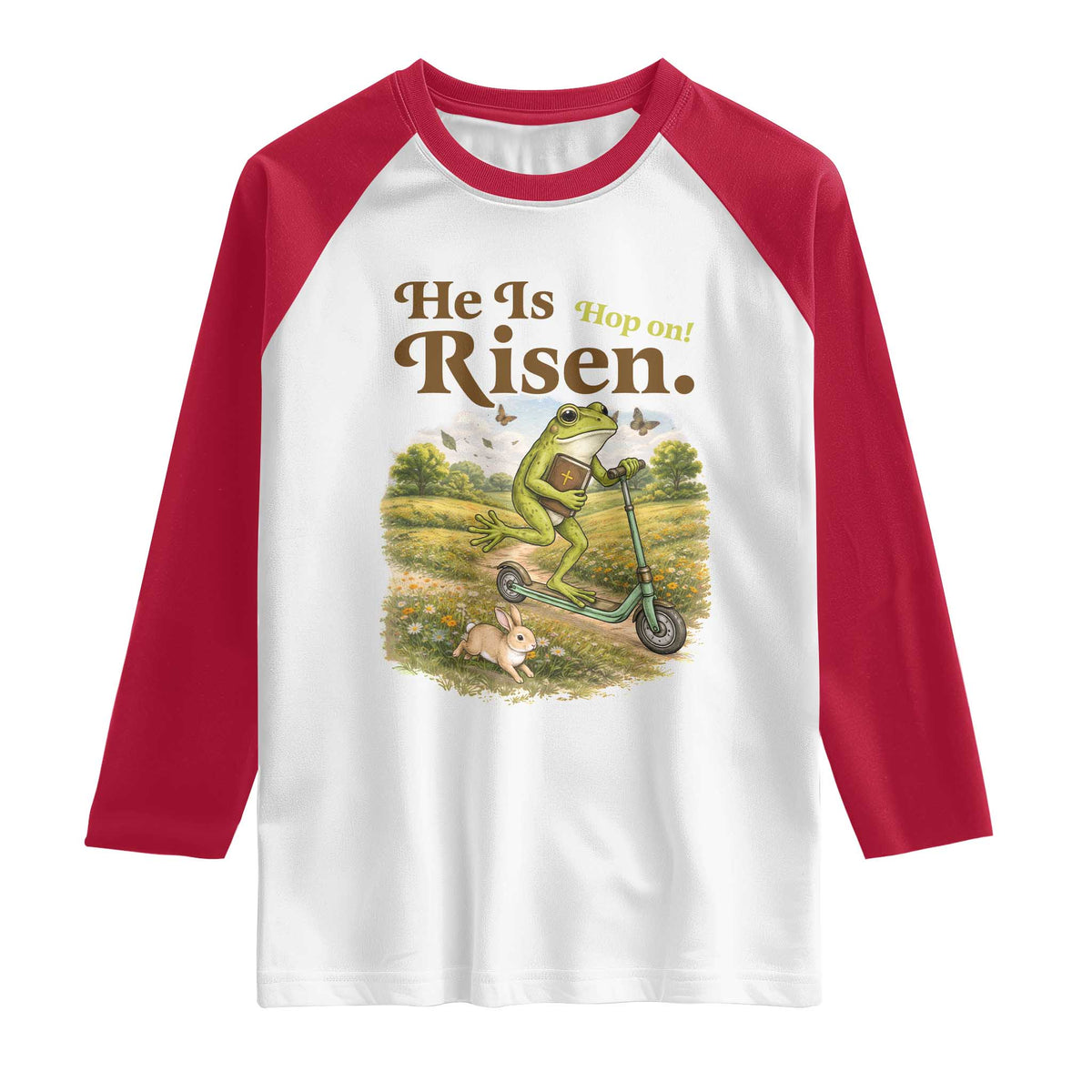 He Is Risen Hop On Raglan Shirt Christian Easter Frog TS14 White Red Print Your Wear