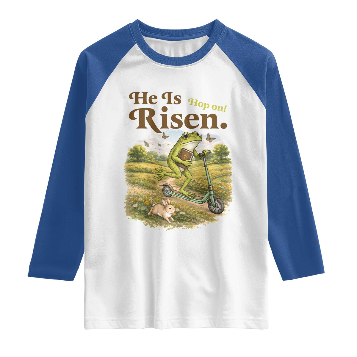 He Is Risen Hop On Raglan Shirt Christian Easter Frog TS14 White Royal Print Your Wear