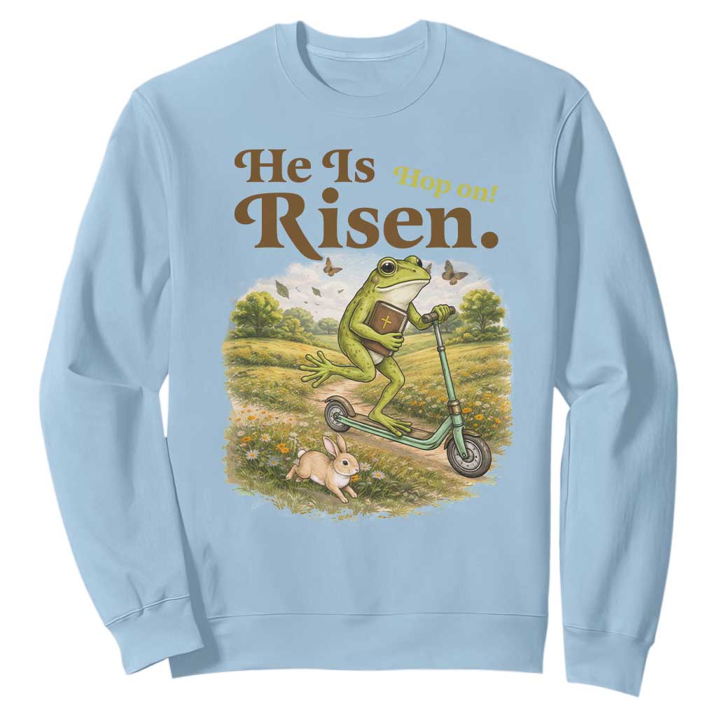 He Is Risen Hop On Sweatshirt Christian Easter Frog TS14 Light Blue Print Your Wear