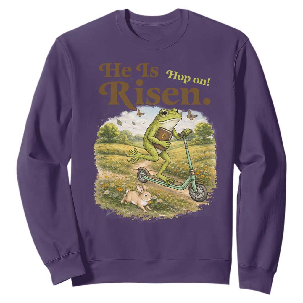 He Is Risen Hop On Sweatshirt Christian Easter Frog TS14 Purple Print Your Wear