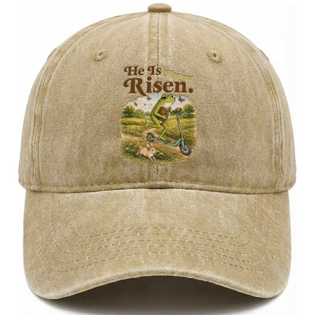 He Is Risen Hop On Washed Cotton Baseball Cap Christian Easter Frog TS14 Print Your Wear