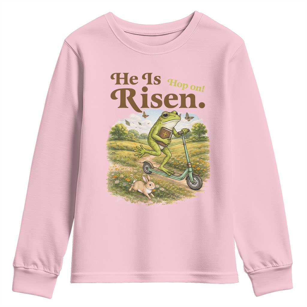 He Is Risen Hop On Youth Sweatshirt Christian Easter Frog TS14 Light Pink Print Your Wear