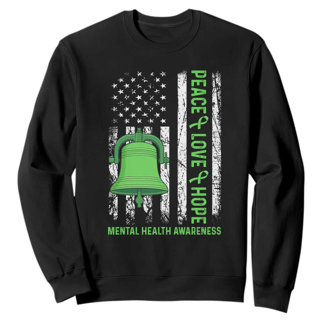 Mental Health Awarenes Sweatshirt Peace Love Hope Green Ribbon TS14 Black Print Your Wear