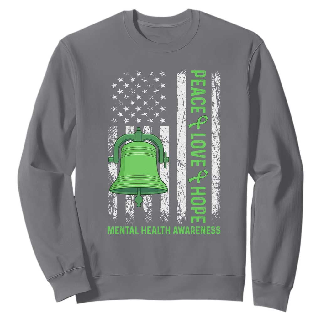 Mental Health Awarenes Sweatshirt Peace Love Hope Green Ribbon TS14 Charcoal Print Your Wear