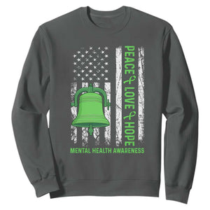 Mental Health Awarenes Sweatshirt Peace Love Hope Green Ribbon TS14 Dark Heather Print Your Wear