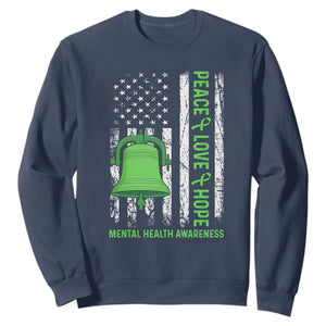 Mental Health Awarenes Sweatshirt Peace Love Hope Green Ribbon TS14 Navy Print Your Wear