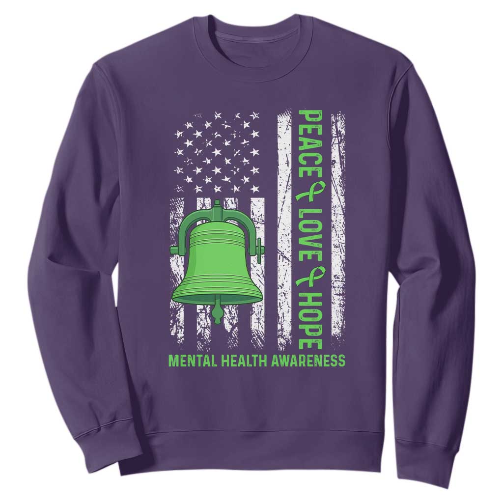 Mental Health Awarenes Sweatshirt Peace Love Hope Green Ribbon TS14 Purple Print Your Wear