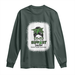 Mental Health Awarenes Long Sleeve Shirt Messy Bun Green Ribbon Support TS14 Dark Forest Green Print Your Wear
