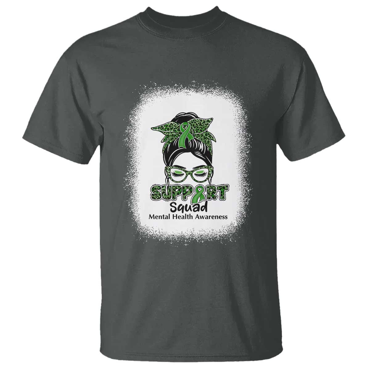 Mental Health Awarenes T Shirt Messy Bun Green Ribbon Support TS14 Dark Heather Print Your Wear