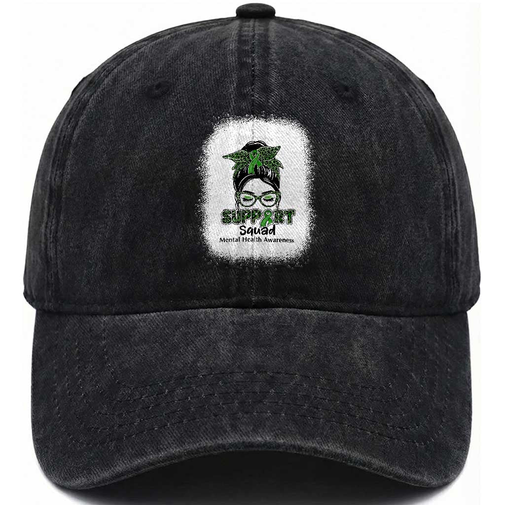 Mental Health Awarenes Washed Cotton Baseball Cap Messy Bun Green Ribbon Support TS14 Print Your Wear