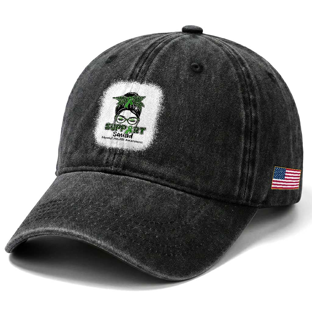 Mental Health Awarenes Washed Cotton Baseball Cap Messy Bun Green Ribbon Support TS14 Print Your Wear