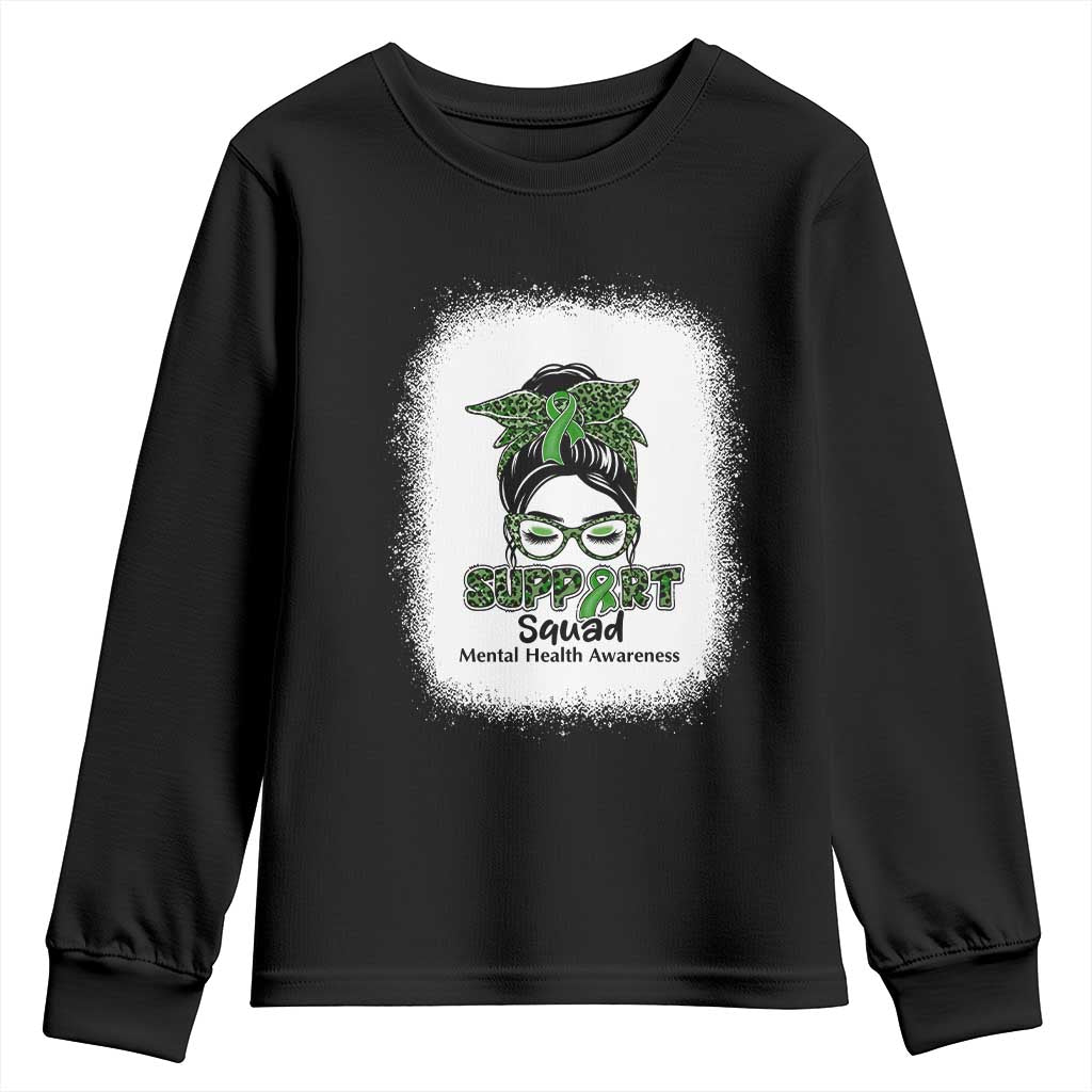 Mental Health Awarenes Youth Sweatshirt Messy Bun Green Ribbon Support TS14 Black Print Your Wear