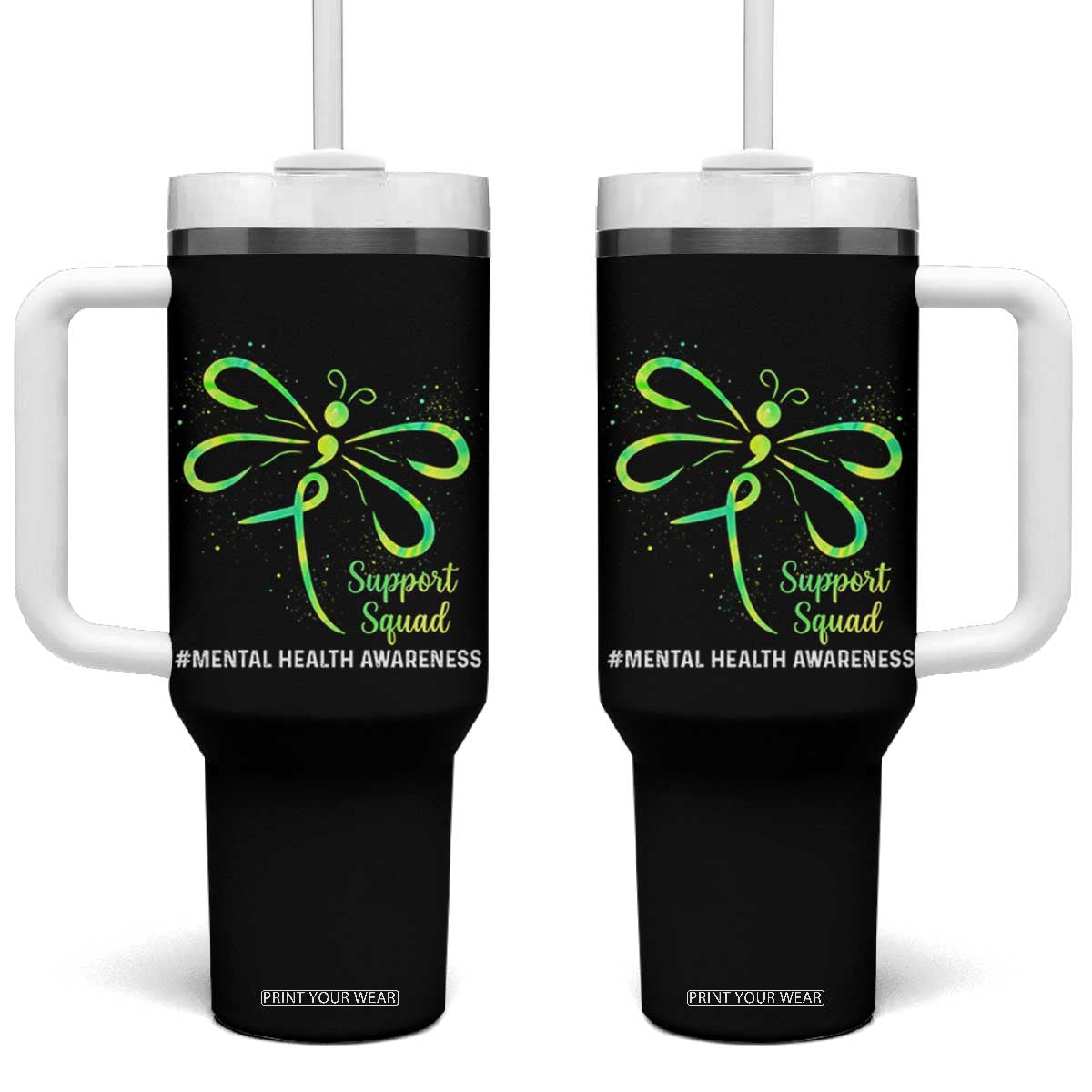 Mental Health Awarenes Tumbler With Handle Support Squad Green Ribbon TS14 One Size: 40 oz Black Print Your Wear