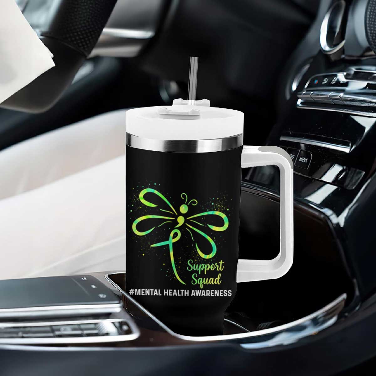 Mental Health Awarenes Tumbler With Handle Support Squad Green Ribbon TS14 Print Your Wear