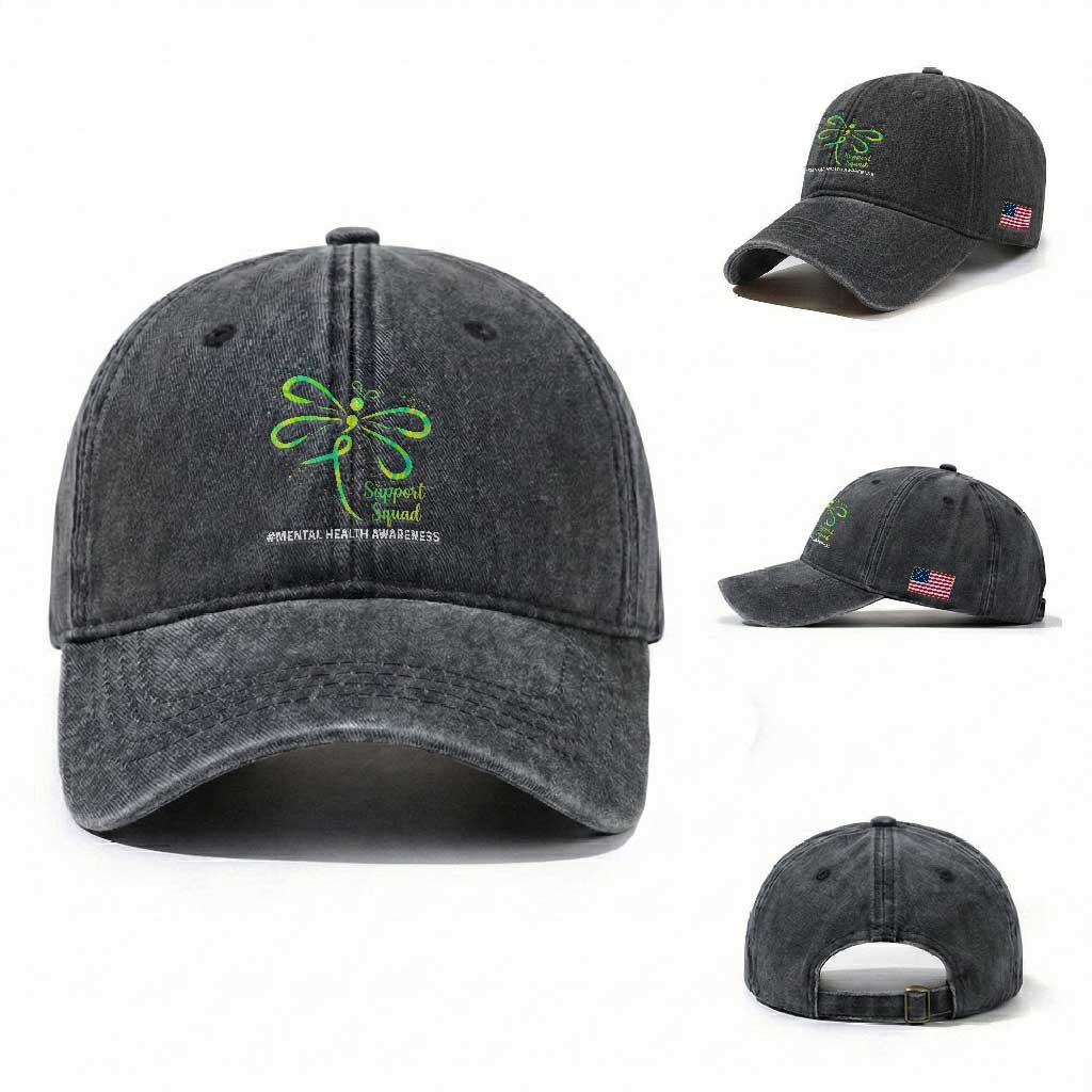 Mental Health Awarenes Washed Cotton Baseball Cap Support Squad Green Ribbon TS14 Washed Cap Universal Fit Dark Gray Print Your Wear