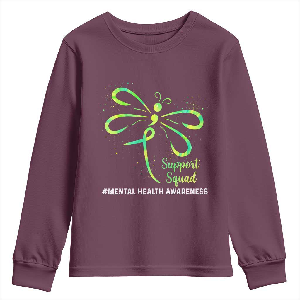 Mental Health Awarenes Youth Sweatshirt Support Squad Green Ribbon TS14 Maroon Print Your Wear