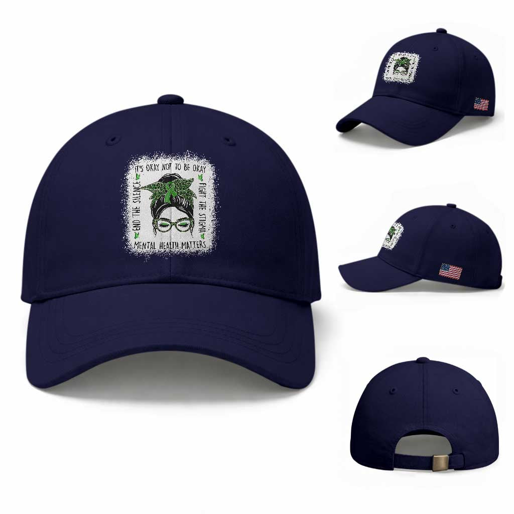 Mental Health Matters Baseball Cap Messy Bun Green Ribbon Support TS14 Baseball Cap Universal Fit Dark Blue Print Your Wear