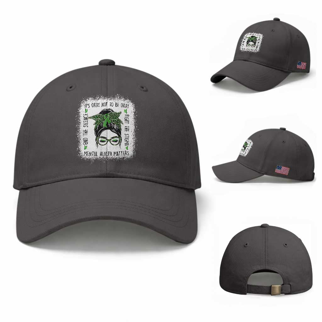 Mental Health Matters Baseball Cap Messy Bun Green Ribbon Support TS14 Baseball Cap Universal Fit Dark Gray Print Your Wear