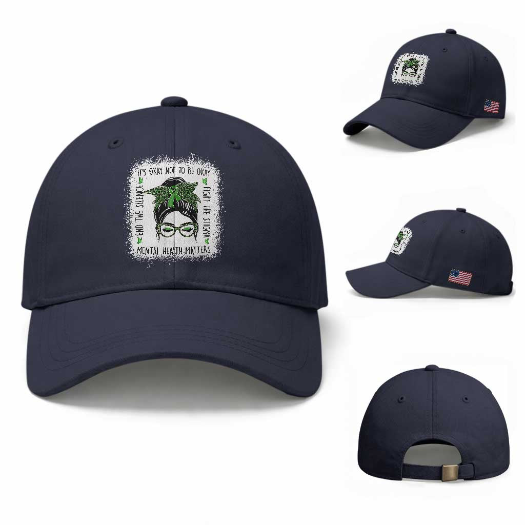 Mental Health Matters Baseball Cap Messy Bun Green Ribbon Support TS14 Baseball Cap Universal Fit Navy Print Your Wear